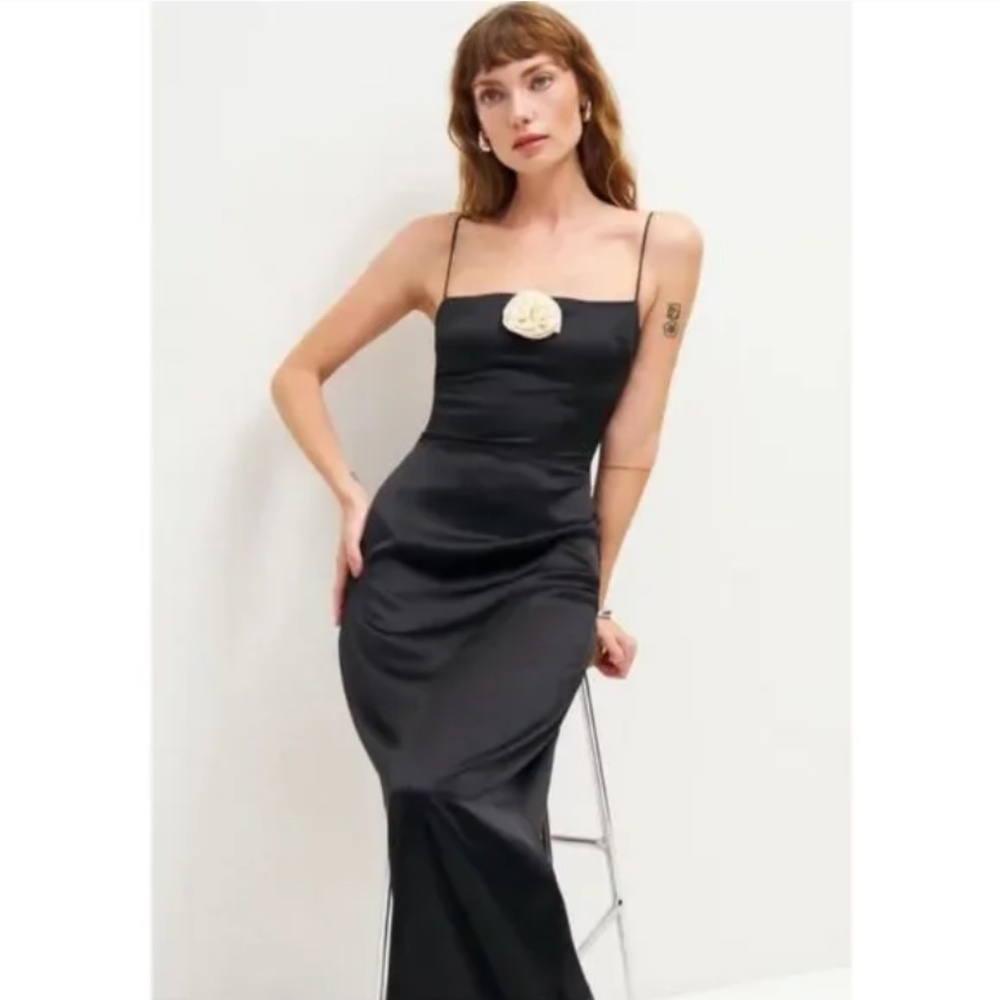 Reformation Black Satin Maxi Dress with Cream Rosette (flawed)